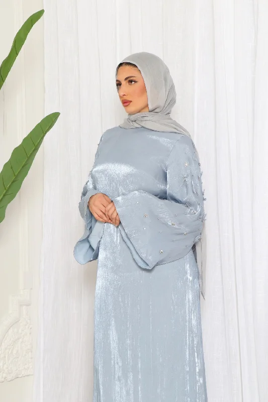 plus size women cardigan for comfortable layeringJouri Organza Beaded Dress- Blue Gray