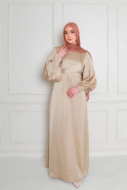 v neck women cardigan to elongate the necklineLaura Wrap Satin Dress- Blush Gold