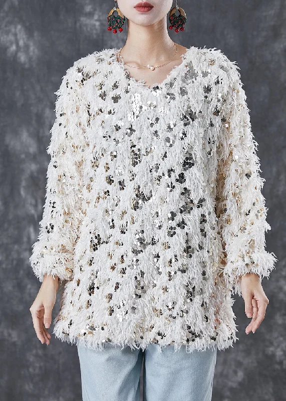 Tie - Front Women's Lambswool Sweaters in Pastel HuesModern Beige Sequins Thick Knit Pullover Winter Tie - Front Women's Lambswool Sweaters in Pastel HuesModern Beige Sequins Thick Knit Pullover Winter
