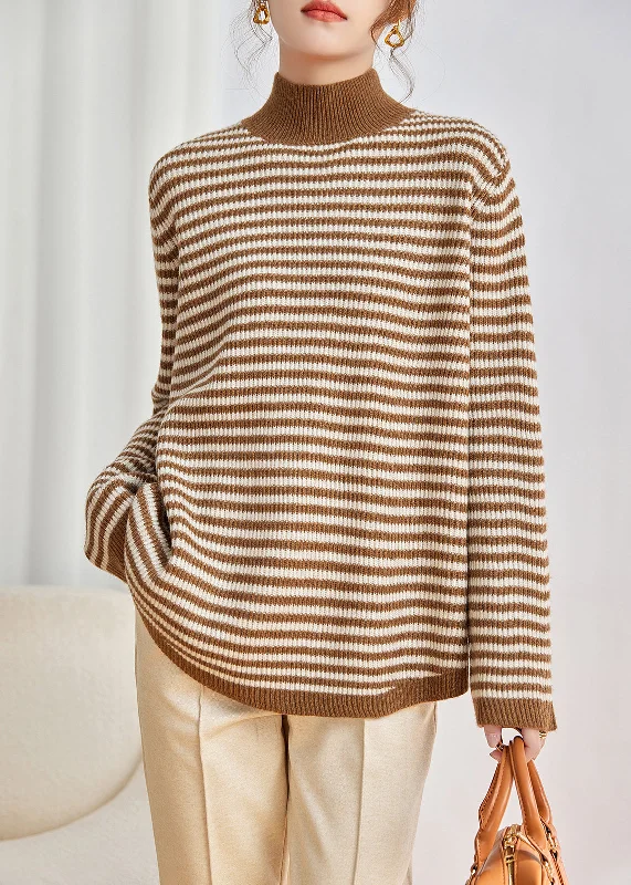 Sleeveless Women's Silk - Trimmed Sweaters for SummerModern Khaki High Neck Striped Knit Pullover Winter Sleeveless Women's Silk - Trimmed Sweaters for SummerModern Khaki High Neck Striped Knit Pullover Winter