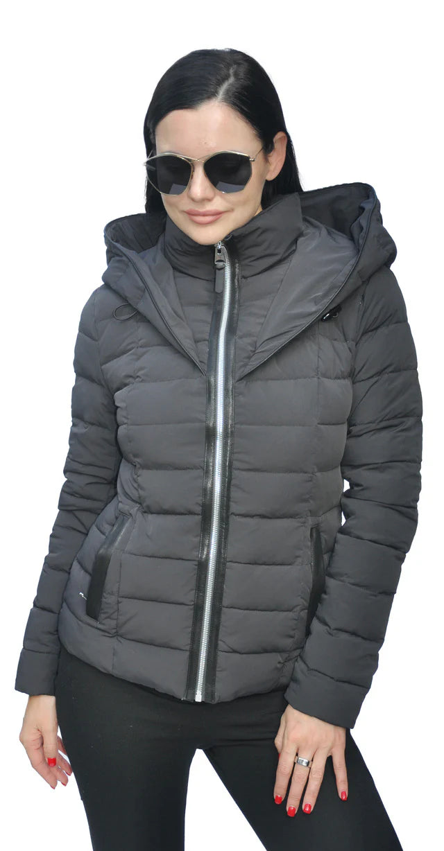 ribbed women cardigan with a classic textureJacket Down Puffer With Hood Zipper Front  Black Tania Women's