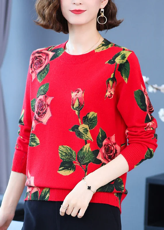 Plus Size Women's Sequined Sweaters for Special OccasionsRed Print Woolen Knitted Tops O Neck Zircon Spring Plus Size Women's Sequined Sweaters for Special OccasionsRed Print Woolen Knitted Tops O Neck Zircon Spring