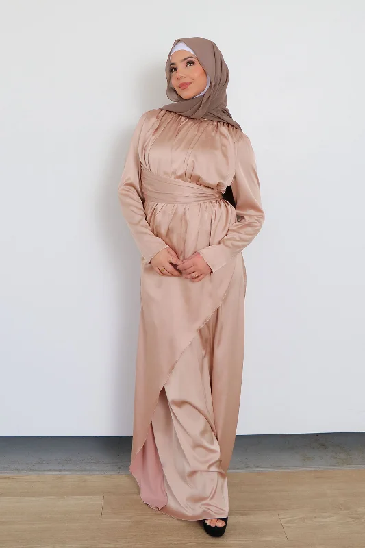 open front women cardigan for easy stylingSarai Layer Satin Dress- Rose Gold