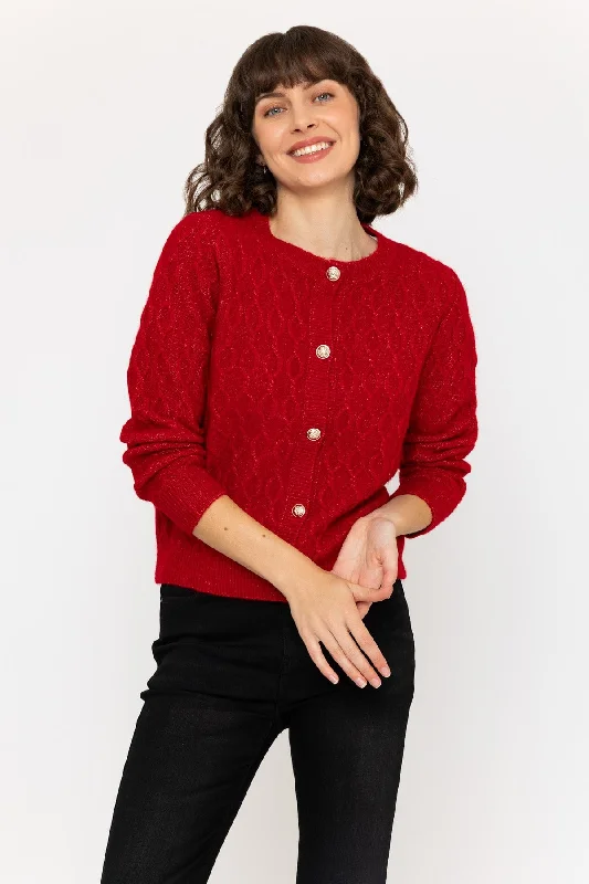 cable knit women cardigan with intricate patternsSoft Touch Cardigan in Red