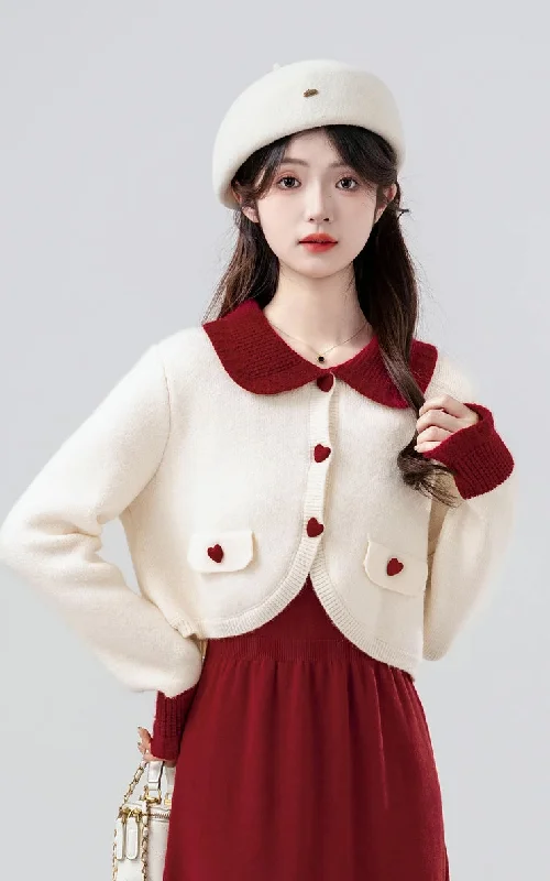 long length women cardigan with side slitsSweetheart Cropped Cardigan (White/Red)