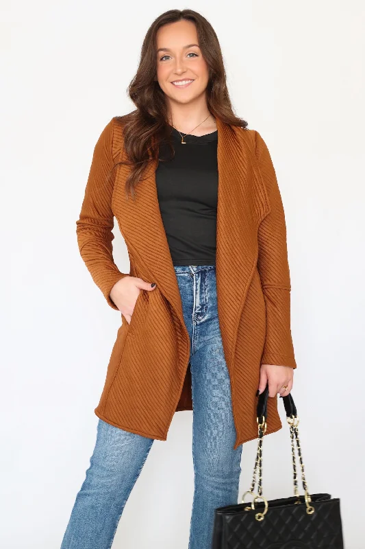 long length women cardigan with side slitsSylvie Open Cardigan- Camel