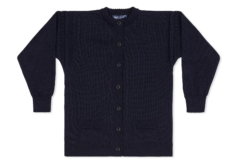 hand knitted women cardigan with artisanal charmLadies Guernsey Woollen Cardigan In Navy