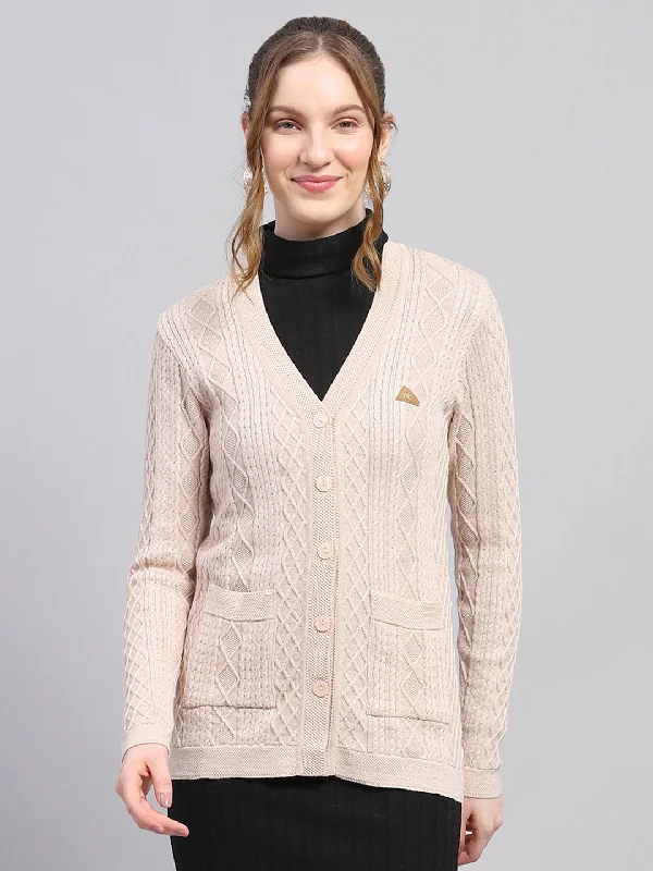 sequin embellished women cardigan for special occasionsWomen Beige Self Design V Neck Full Sleeve Cardigan