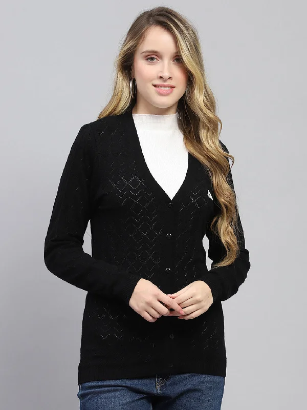 button down women cardigan with vintage buttonsWomen Black Self Design V Neck Full Sleeve Cardigan