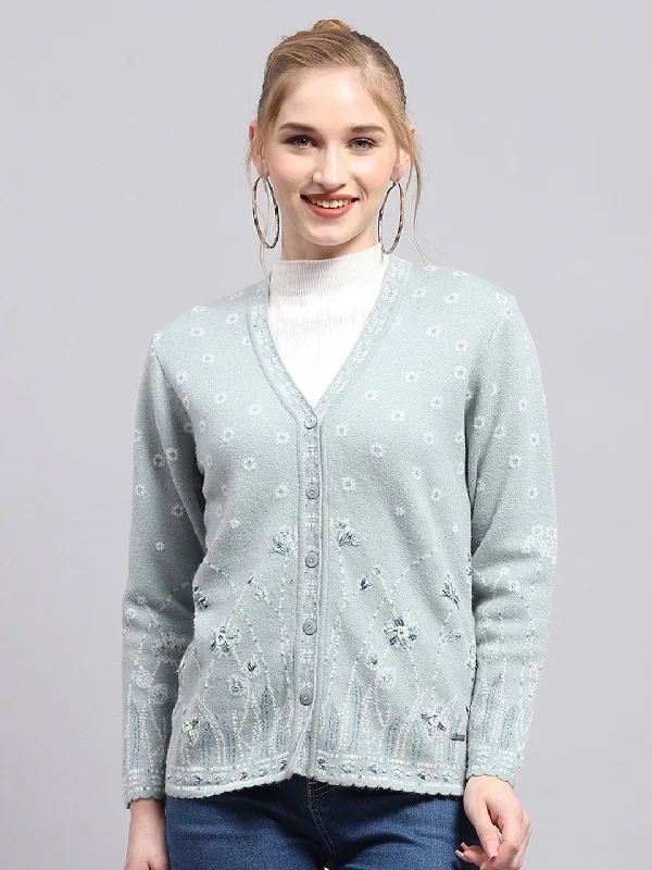 floral print women cardigan for a feminine touchWomen Blue Embroidered V Neck Full Sleeve Cardigan