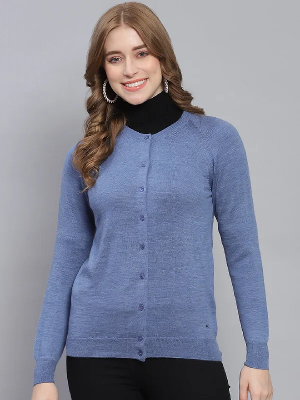 plus size women cardigan for comfortable layeringWomen Blue Solid Round Neck Full Sleeve Cardigan