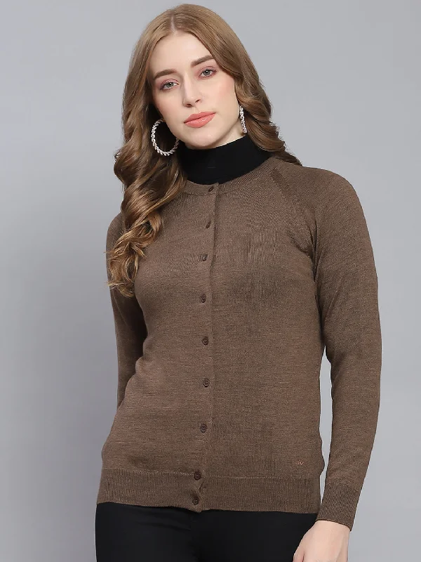 machine washable women cardigan for easy careWomen Brown Solid Round Neck Full Sleeve Cardigan