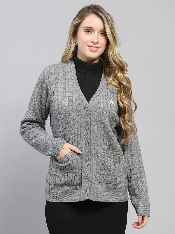 v neck women cardigan to elongate the necklineWomen Grey Self Design V Neck Full Sleeve Cardigan