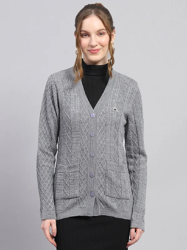 open front women cardigan for easy stylingWomen Grey Self Design V Neck Full Sleeve Cardigan