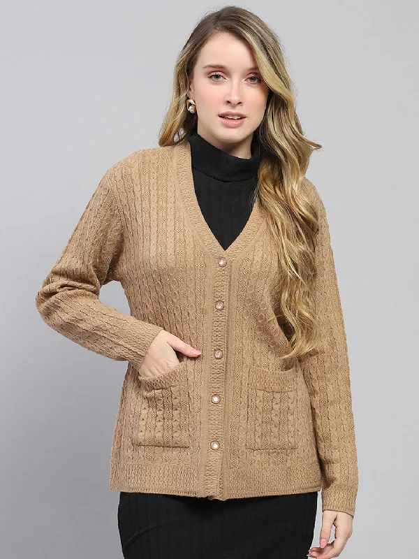 oversized women cardigan for a trendy and cozy lookWomen Khaki Self Design V Neck Full Sleeve Cardigan