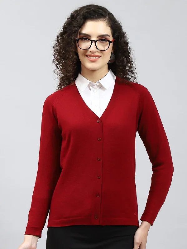 maternity women cardigan for expecting momsWomen Maroon Solid V Neck Full Sleeve Cardigan