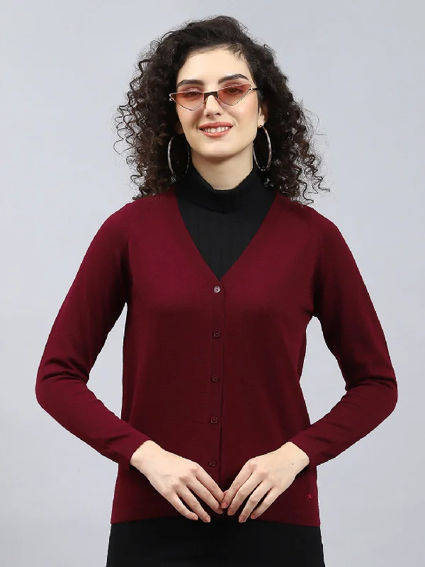 v neck women cardigan to elongate the necklineWomen Maroon Solid V Neck Full Sleeve Cardigan