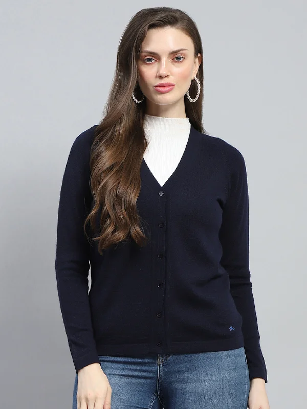 hooded women cardigan for added warmth and styleWomen Navy Blue Solid V Neck Full Sleeve Cardigan