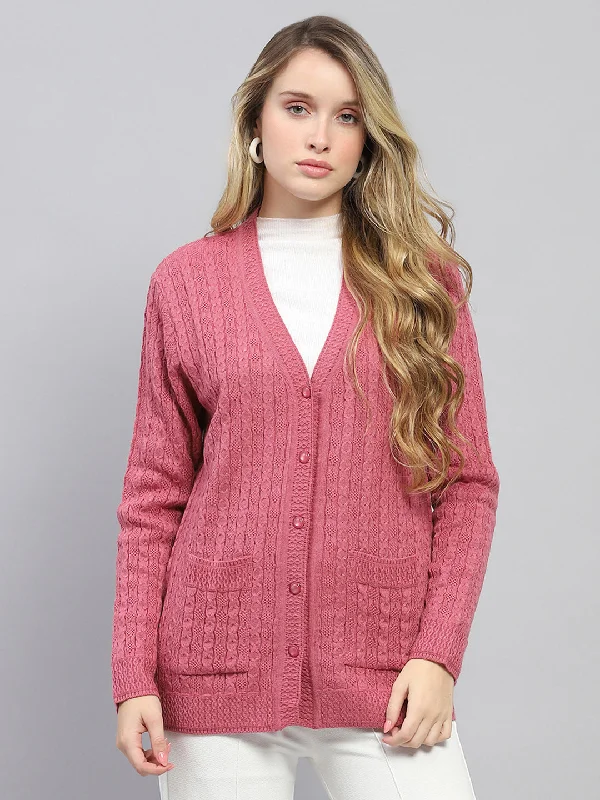 long length women cardigan with side slitsWomen Pink Self Design V Neck Full Sleeve Cardigan