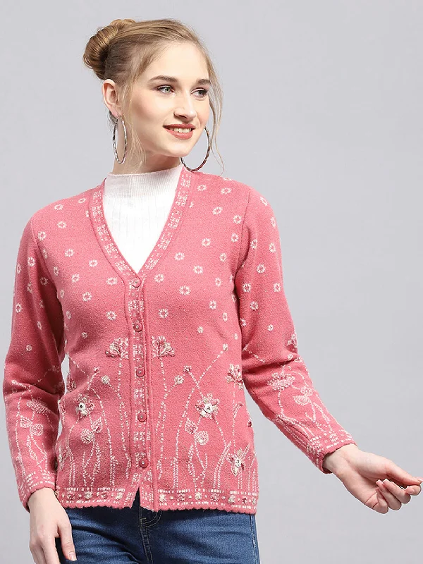 plus size women cardigan for comfortable layeringWomen Pink Self Design V Neck Full Sleeve Cardigan