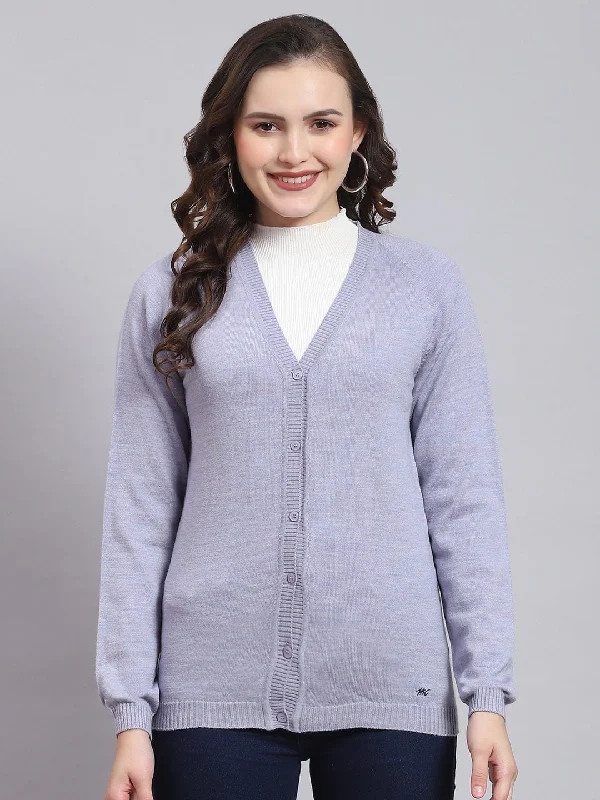 machine washable women cardigan for easy careWomen Purple Solid V Neck Full Sleeve Cardigan