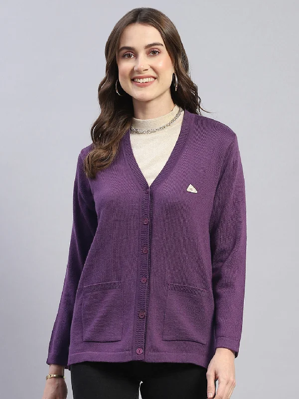 button down women cardigan with vintage buttonsWomen Purple Solid V Neck Full Sleeve Cardigan