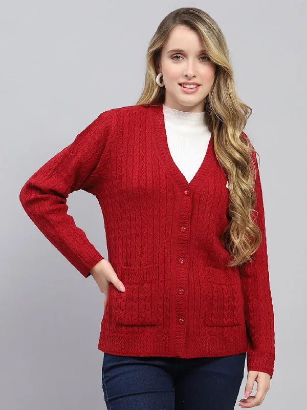 plus size women cardigan for comfortable layeringWomen Red Self Design V Neck Full Sleeve Cardigan