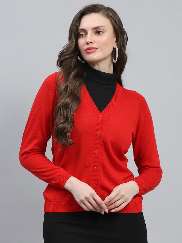 hand knitted women cardigan with artisanal charmWomen Red Solid V Neck Full Sleeve Cardigan