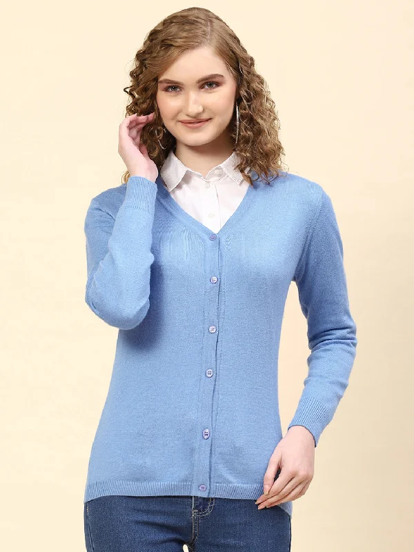 v neck women cardigan to elongate the necklineWomen Sky Blue Solid V Neck Full Sleeve Cardigan