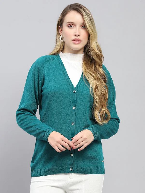 cable knit women cardigan with intricate patternsWomen Teal Blue Solid V Neck Full Sleeve Cardigan