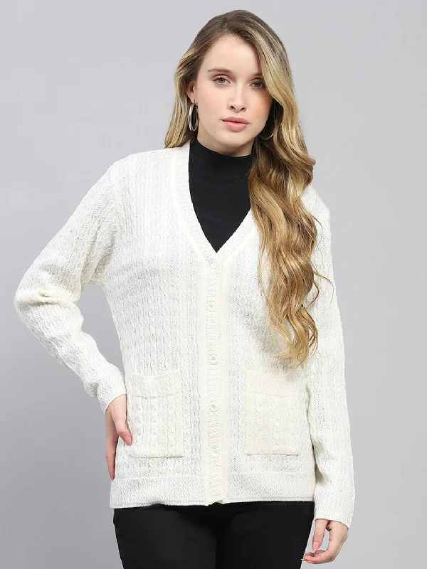 v neck women cardigan to elongate the necklineWomen White Self Design V Neck Full Sleeve Cardigan