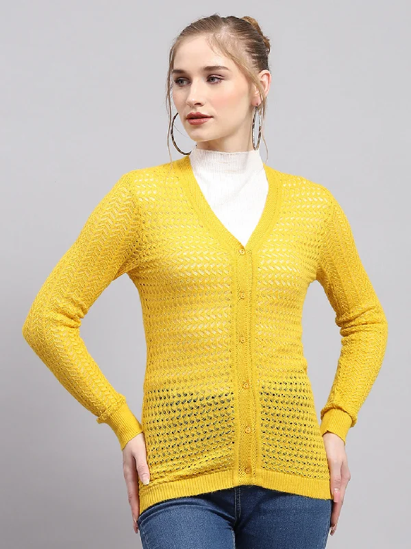 machine washable women cardigan for easy careWomen Yellow Self Design V Neck Full Sleeve Cardigan