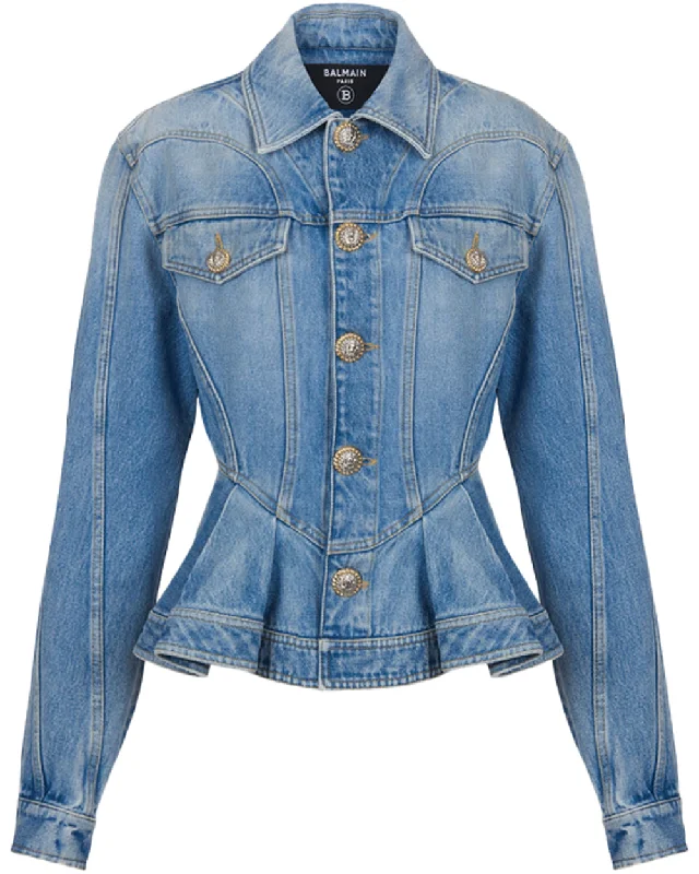 Embellished women jeans with studs or rhinestones for a glamorous touchRuffled Denim Jacket in Bleu