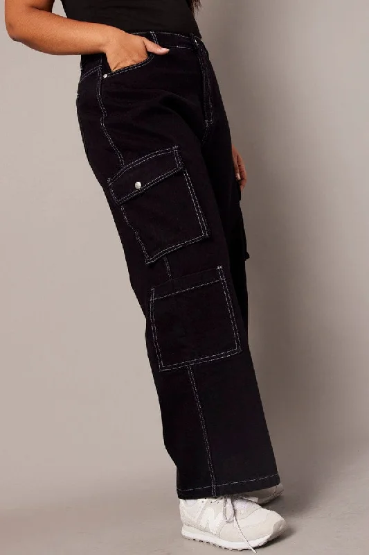 Ripped women jeans for a rebellious and fashion - forward styleBlack Cargo Jeans Mid Rise