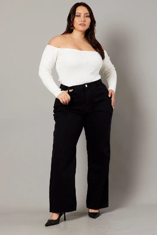 Ripped women jeans for a rebellious and fashion - forward styleBlack Wide Leg Jeans High Rise Distress Details