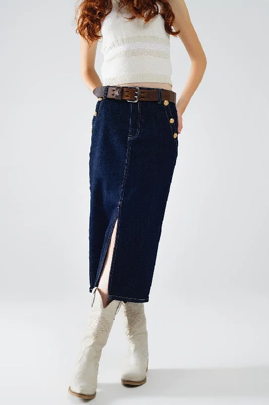 Wide - leg women jeans for a modern and relaxed vibeDENIM SKIRT WITH FRONT SLIT AND GOLD BUTTONS