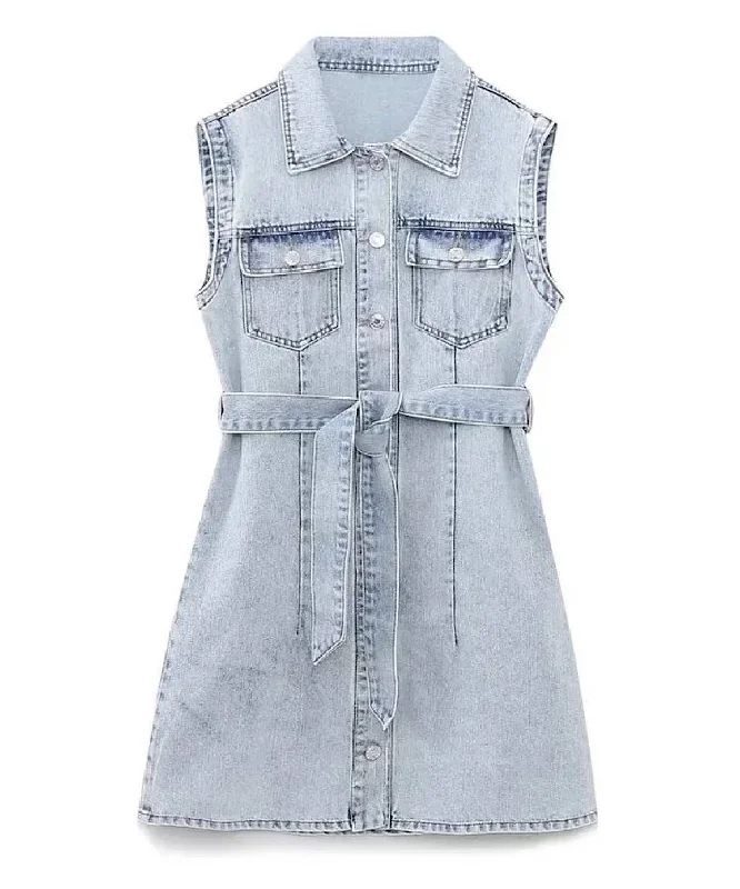 Skinny women jeans with a form - fitting designDenim Sleeveless Mini Dress