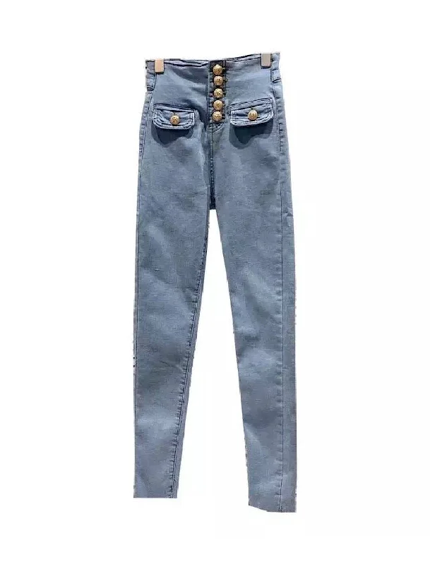 Plus - size women jeans for a comfortable and stylish fitHigh Waisted Buttoned Denim Pants