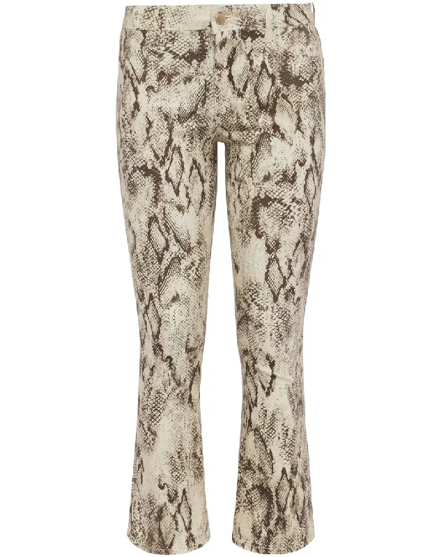 Straight - leg women jeans with a classic and timeless appealHigh Rise Tati Crop Micro Bootcut Jean in Tan Snake Coated