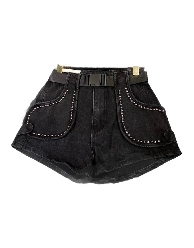 Skinny women jeans with a form - fitting designMini Denim Shorts With Metal Studs In Black