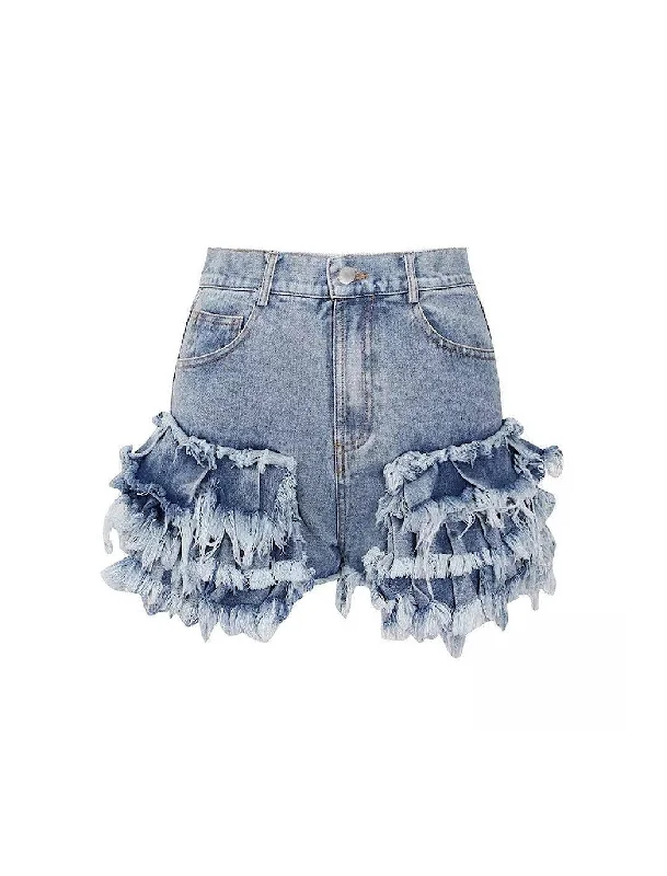 Skinny women jeans with a form - fitting designRuffle Detailed Raw Edge Denim Shorts