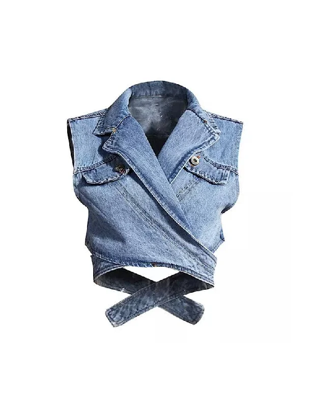 Ripped women jeans for a rebellious and fashion - forward styleSleeveless Wrap Short Denim Vest Top