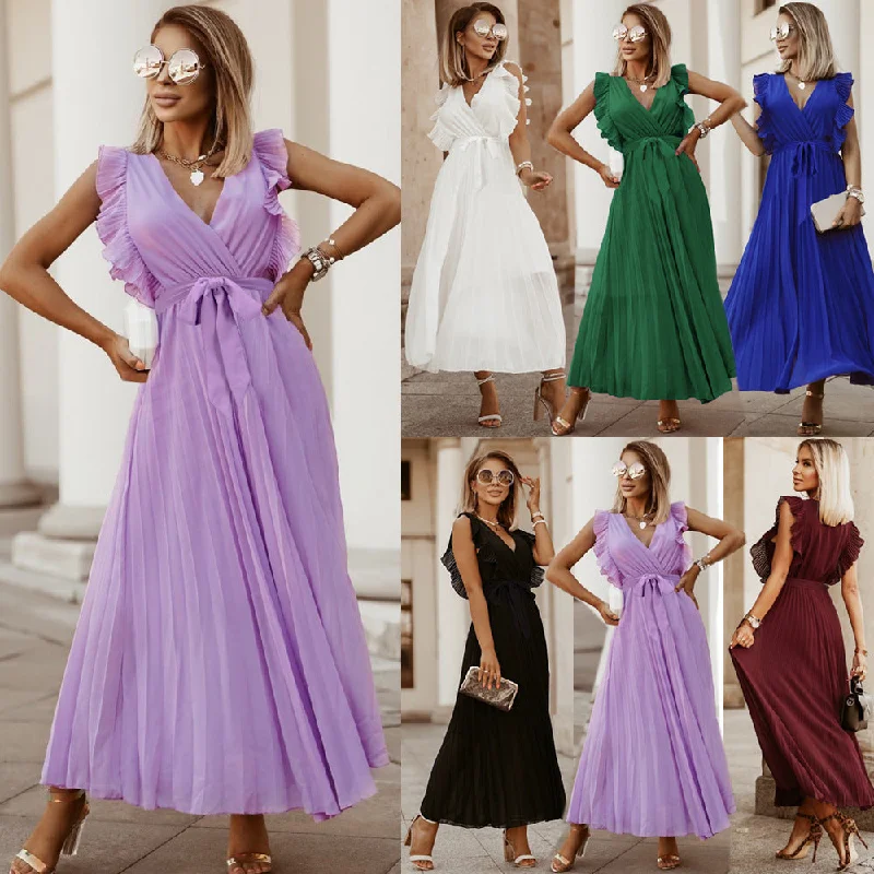 Halter Neck Women Dress to Show Off the Shoulders and NecklineElegant Beach Dress Fashionable Slim-fit Sexy Solid Color Ruffle Sleeve Chiffon Pleated Skirt