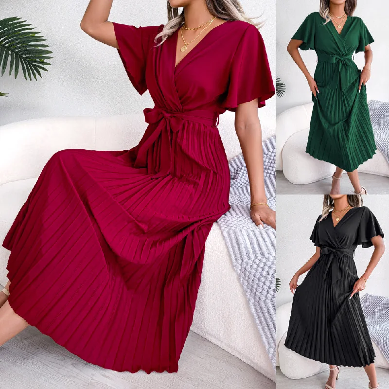 Ruffled Women Dress with Multiple Layers for a Playful and Girly StyleElegant Cross V-neck Basic Model Swing Pleated Maxi Women's Dress