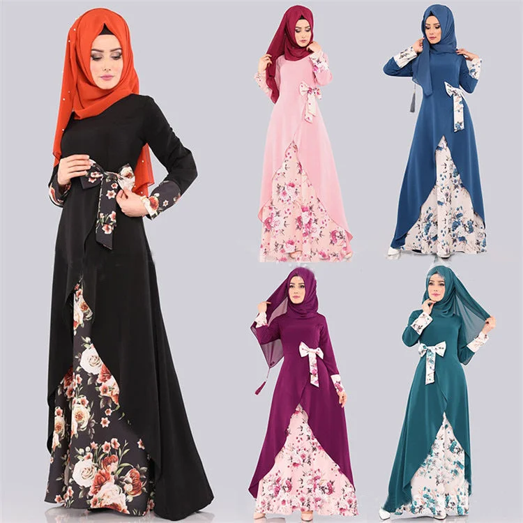 Off - the - Shoulder Women Dress for a Romantic and Feminine LookMuslim Long Sleeve Basic Model Dress Multi-color Printed Loose Waist Pullover