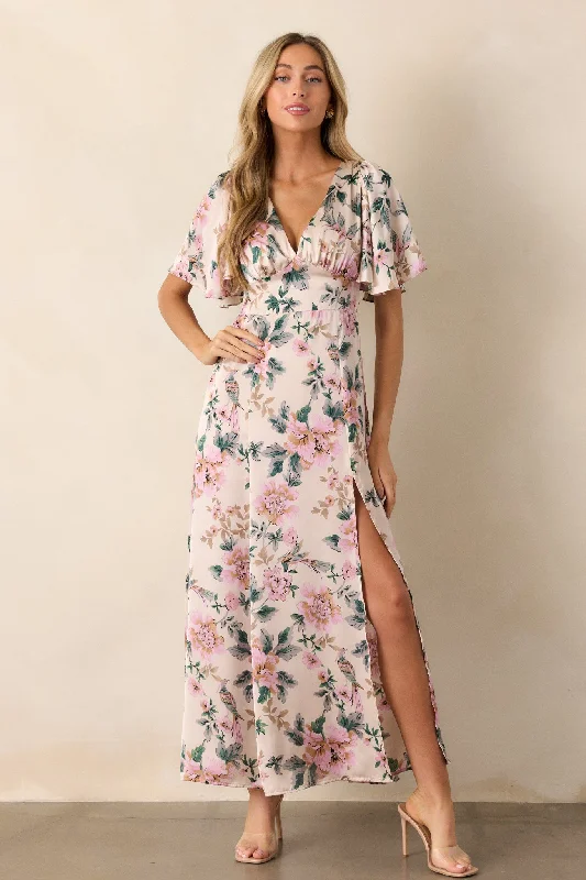 Empire Waist Women Dress to Accentuate the Bust and Conceal the WaistRosewood Romance Ivory Multi Floral Flutter Sleeve Maxi Dress