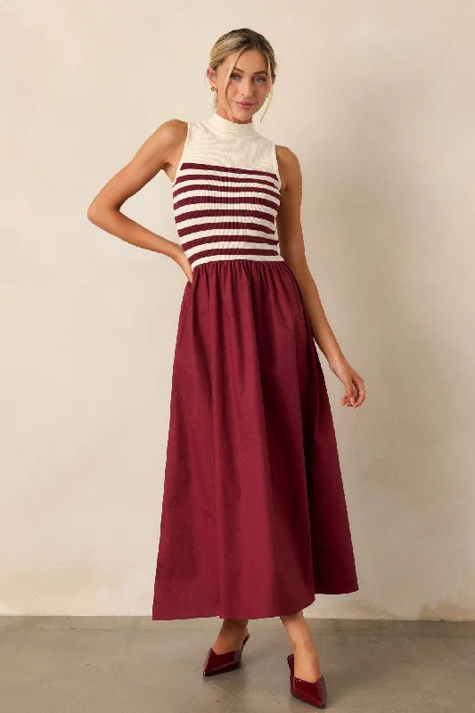 Pleated Women Dress with a Timeless and Elegant TextureTimeless Treasures Burgundy Sleeveless Striped Maxi Dress