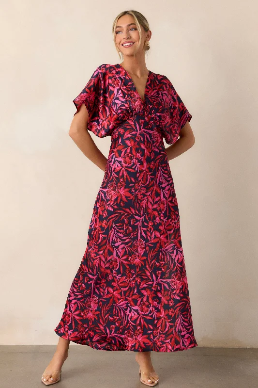 Off - the - Shoulder Women Dress for a Romantic and Feminine LookWaltz Through Time Fuchsia Floral Satin Maxi Dress