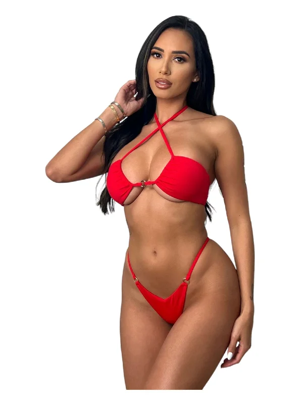 Ruched bikini with fabric gathers for a slimming effectADELE RING THONG BOTTOM-RED